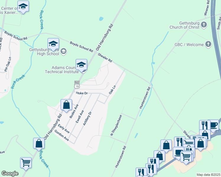 map of restaurants, bars, coffee shops, grocery stores, and more near 305 Oak Lane in Gettysburg