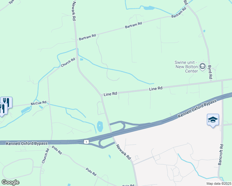 map of restaurants, bars, coffee shops, grocery stores, and more near Line Road in Toughkenamon