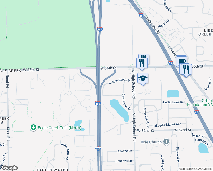 map of restaurants, bars, coffee shops, grocery stores, and more near 6459 Cotton Bay Drive North in Indianapolis