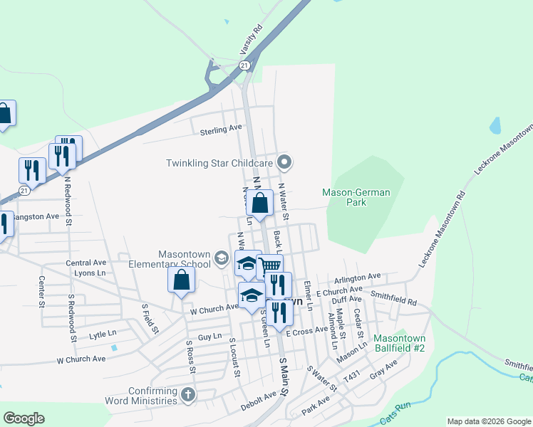 map of restaurants, bars, coffee shops, grocery stores, and more near 328 North Main Street in Masontown