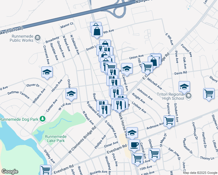 map of restaurants, bars, coffee shops, grocery stores, and more near 123 North Black Horse Pike in Runnemede