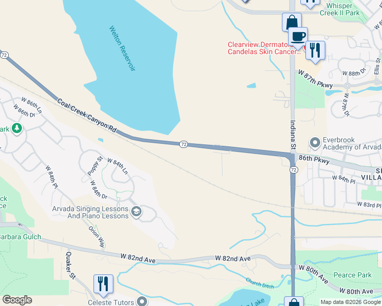 map of restaurants, bars, coffee shops, grocery stores, and more near 15550 Colorado 72 in Arvada