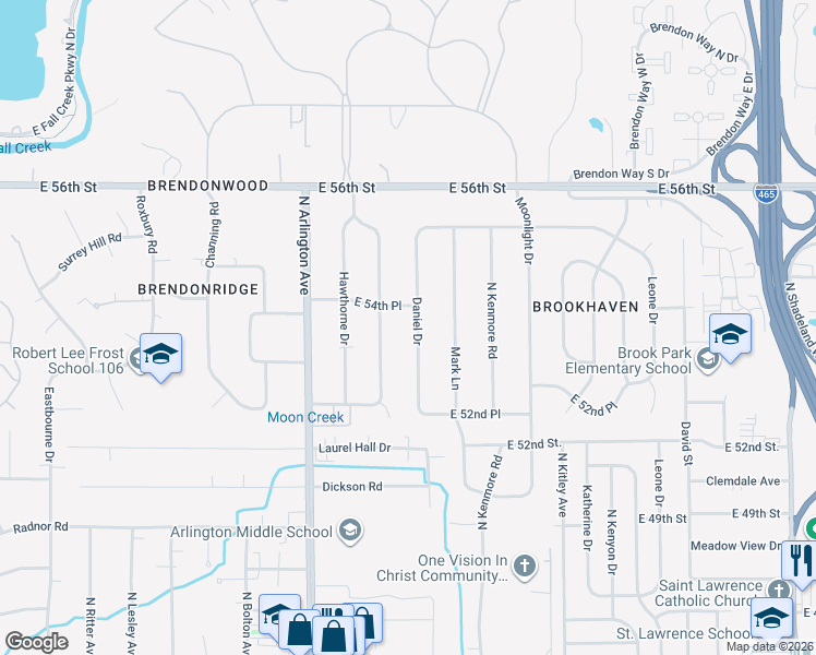 map of restaurants, bars, coffee shops, grocery stores, and more near 5336 Daniel Drive in Indianapolis