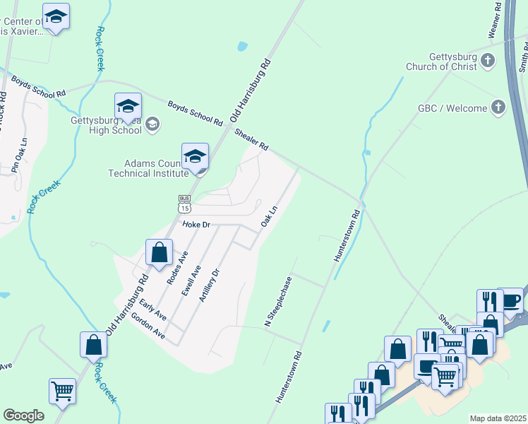 map of restaurants, bars, coffee shops, grocery stores, and more near 305 Oak Lane in Gettysburg