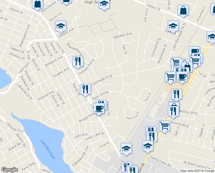map of restaurants, bars, coffee shops, grocery stores, and more near 403 Brentwood Place in Lacey Township