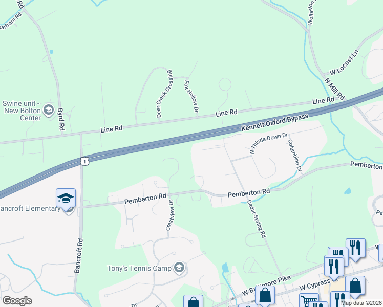 map of restaurants, bars, coffee shops, grocery stores, and more near 229 Cedar Crest Lane in Kennett Square