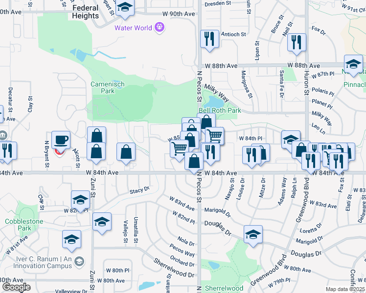 map of restaurants, bars, coffee shops, grocery stores, and more near 1722 Aspen Meadows Circle in Federal Heights