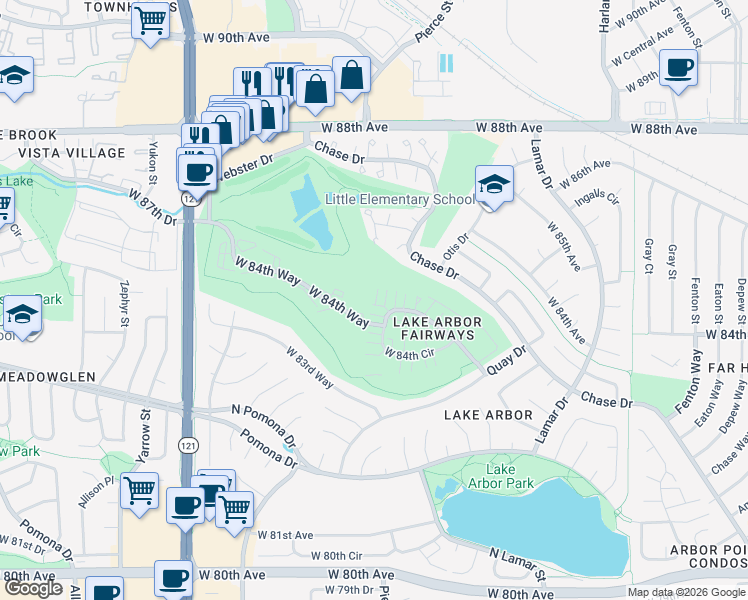 map of restaurants, bars, coffee shops, grocery stores, and more near 6875 West 84th Way in Arvada