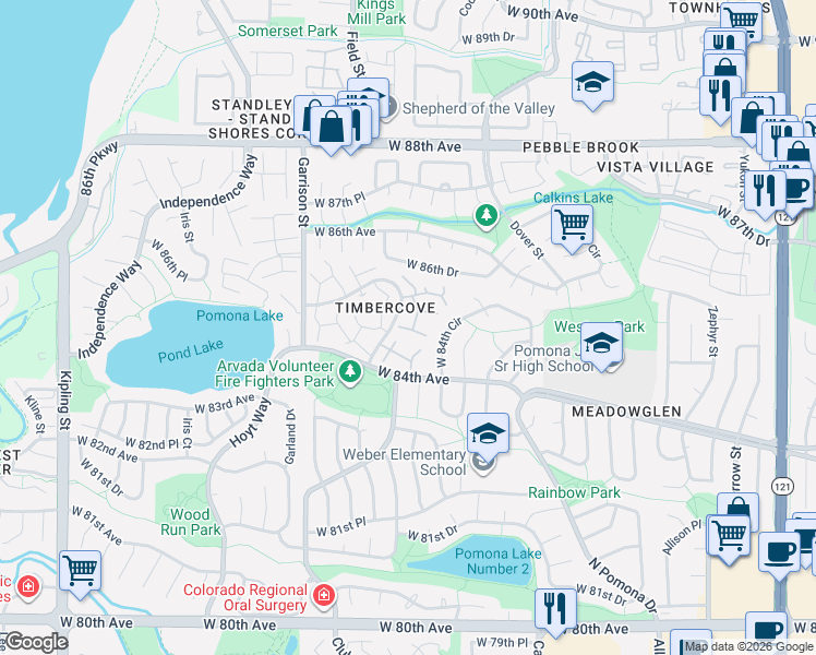 map of restaurants, bars, coffee shops, grocery stores, and more near 8426 Everett Way in Arvada