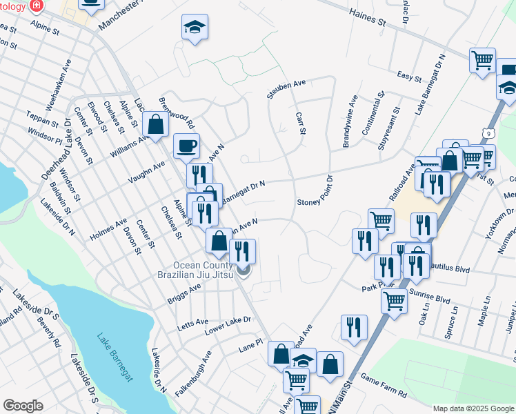 map of restaurants, bars, coffee shops, grocery stores, and more near 403 Brentwood Place in Lacey Township