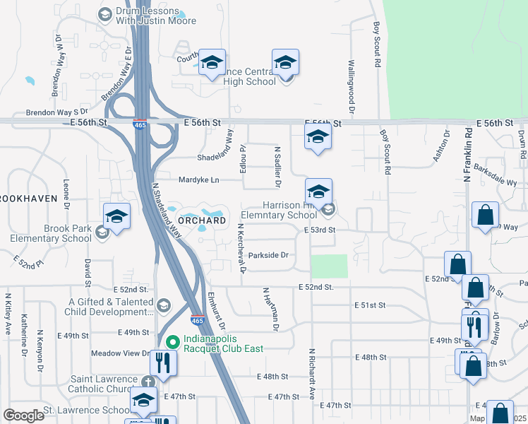map of restaurants, bars, coffee shops, grocery stores, and more near 7328 Westchester Drive in Lawrence