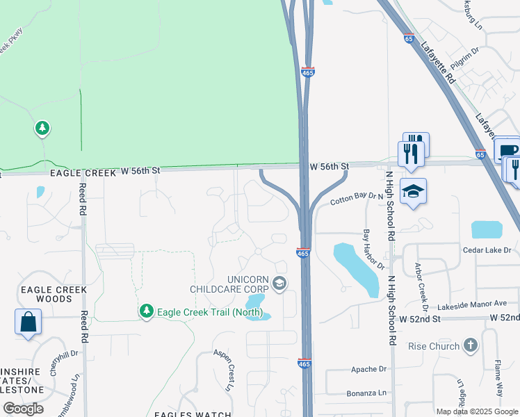 map of restaurants, bars, coffee shops, grocery stores, and more near 6650 Bear Creek Drive in Indianapolis