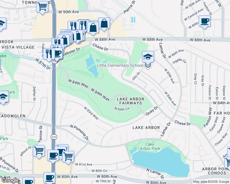 map of restaurants, bars, coffee shops, grocery stores, and more near 6815 West 84th Way in Arvada