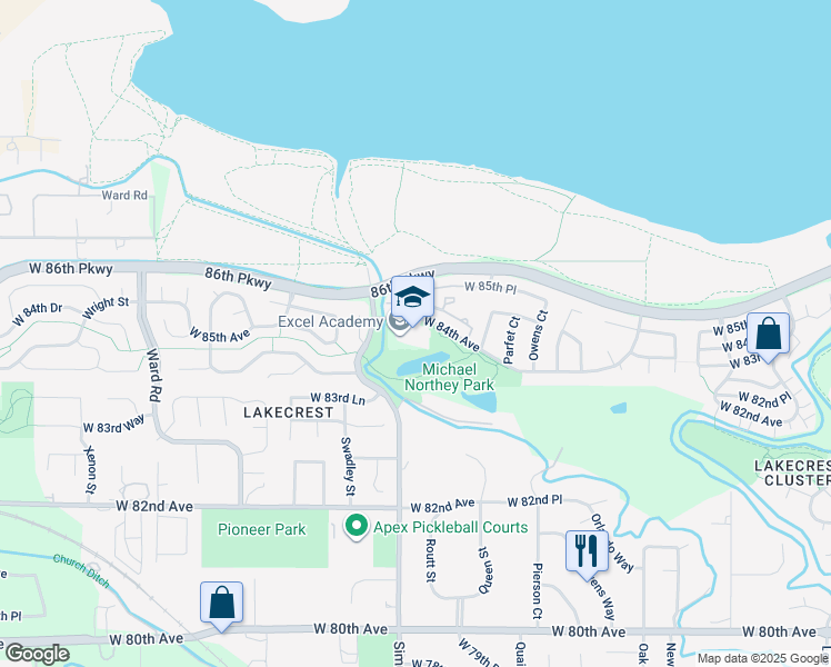 map of restaurants, bars, coffee shops, grocery stores, and more near 11500 West 84th Avenue in Arvada