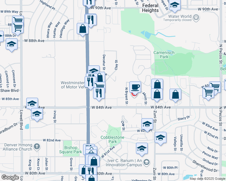 map of restaurants, bars, coffee shops, grocery stores, and more near 8470 Decatur Street in Westminster