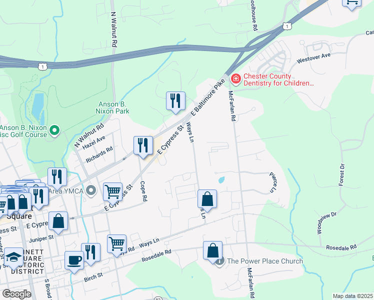 map of restaurants, bars, coffee shops, grocery stores, and more near 51 Ways Lane in Kennett Square