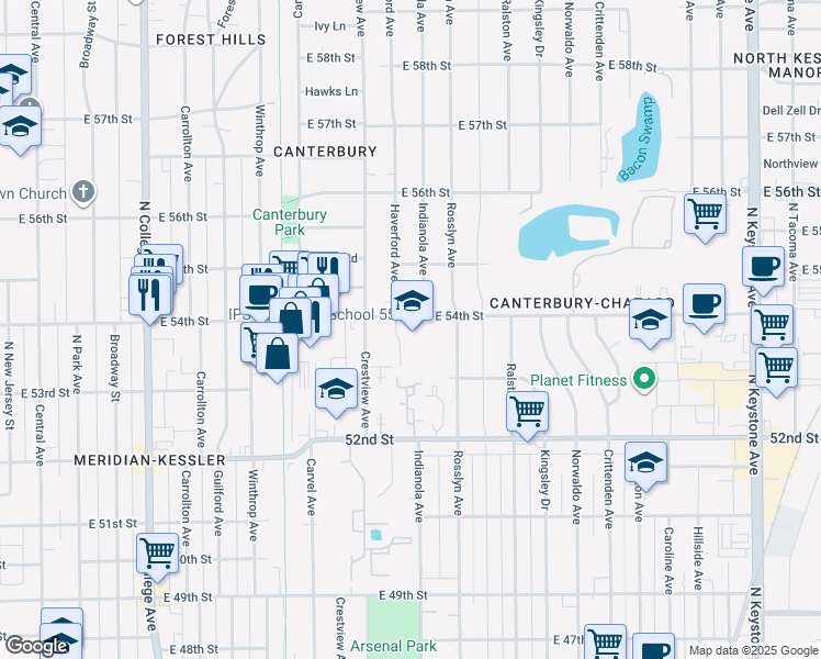 map of restaurants, bars, coffee shops, grocery stores, and more near 1349 East 54th Street in Indianapolis