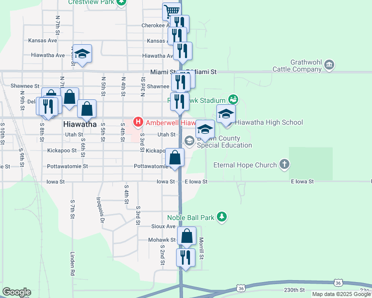 map of restaurants, bars, coffee shops, grocery stores, and more near 600 Red Hawk Drive in Hiawatha