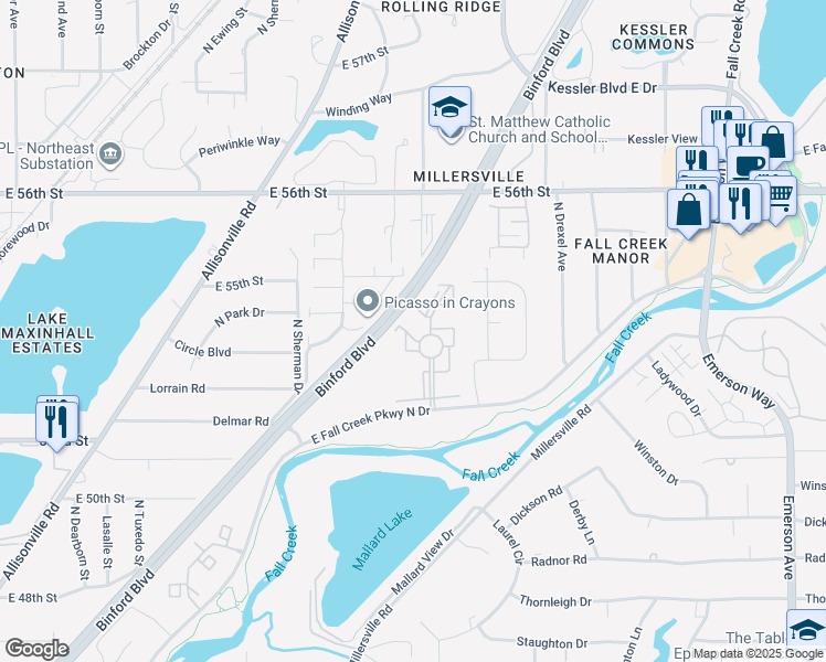 map of restaurants, bars, coffee shops, grocery stores, and more near 5356 Fallwood Drive in Indianapolis