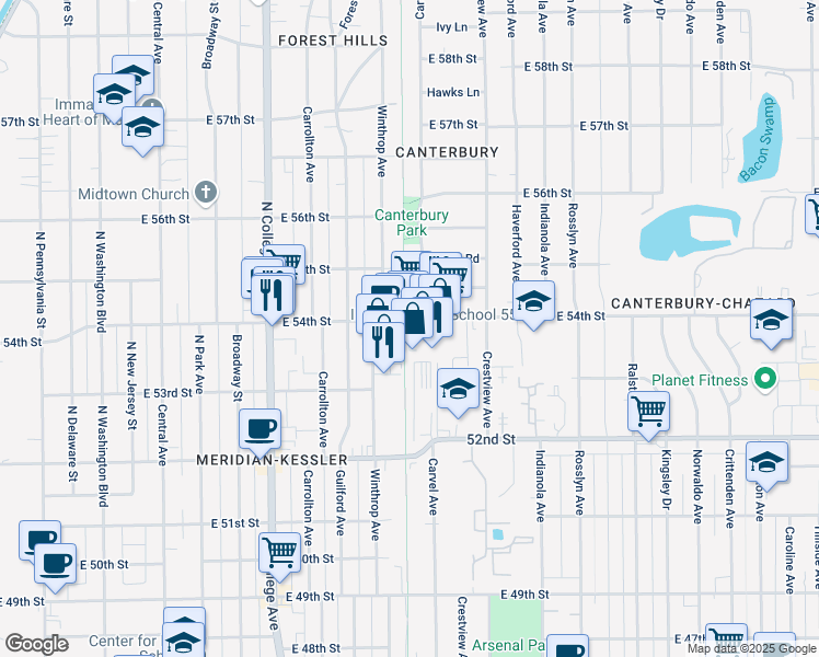 map of restaurants, bars, coffee shops, grocery stores, and more near Monon Trail in Indianapolis