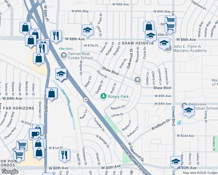 map of restaurants, bars, coffee shops, grocery stores, and more near 8447 Pratt Street in Westminster