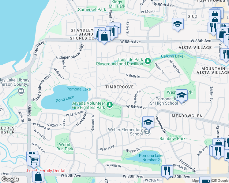 map of restaurants, bars, coffee shops, grocery stores, and more near 8420 Everett Way in Arvada
