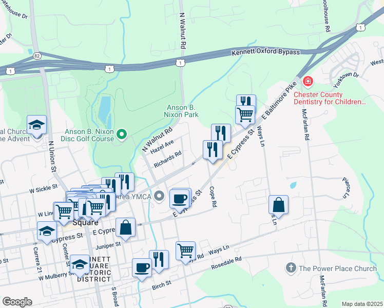 map of restaurants, bars, coffee shops, grocery stores, and more near 604 Millers Hill in Kennett Square