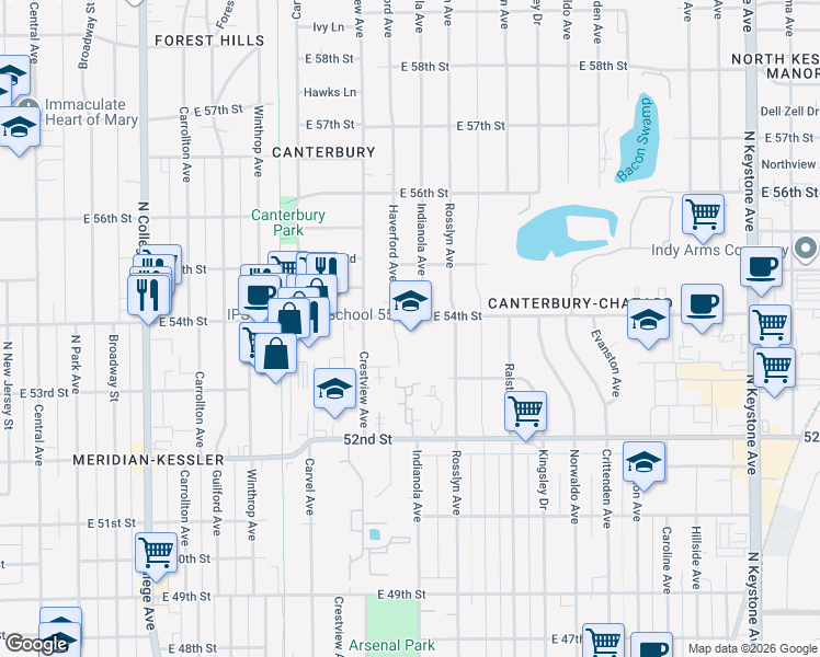 map of restaurants, bars, coffee shops, grocery stores, and more near 5200-5348 Haverford Avenue in Indianapolis