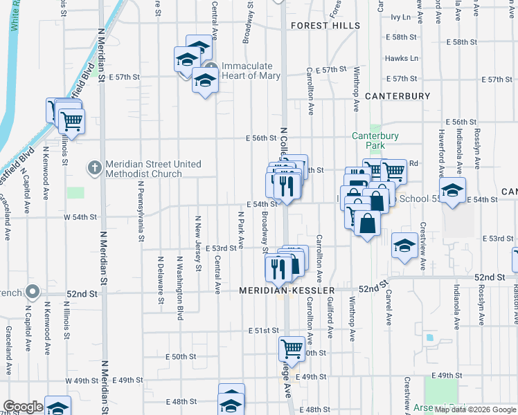 map of restaurants, bars, coffee shops, grocery stores, and more near 5345 North Park Avenue in Indianapolis