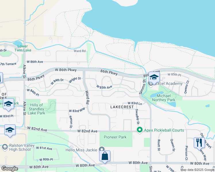 map of restaurants, bars, coffee shops, grocery stores, and more near 12034 West 85th Avenue in Arvada