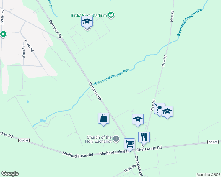 map of restaurants, bars, coffee shops, grocery stores, and more near 136 Carranza Road in Tabernacle