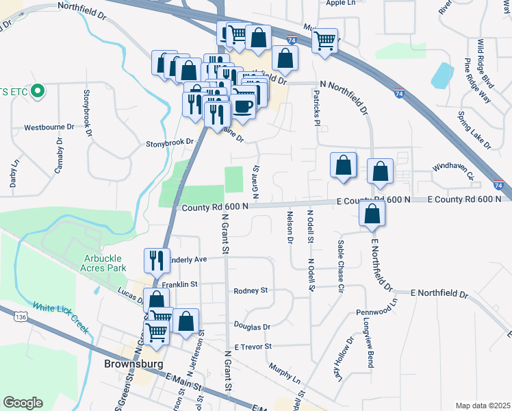 map of restaurants, bars, coffee shops, grocery stores, and more near E 56th St & Grant St in Brownsburg