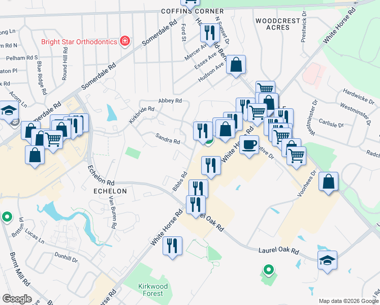 map of restaurants, bars, coffee shops, grocery stores, and more near 1152 Bibbs Road in Voorhees Township