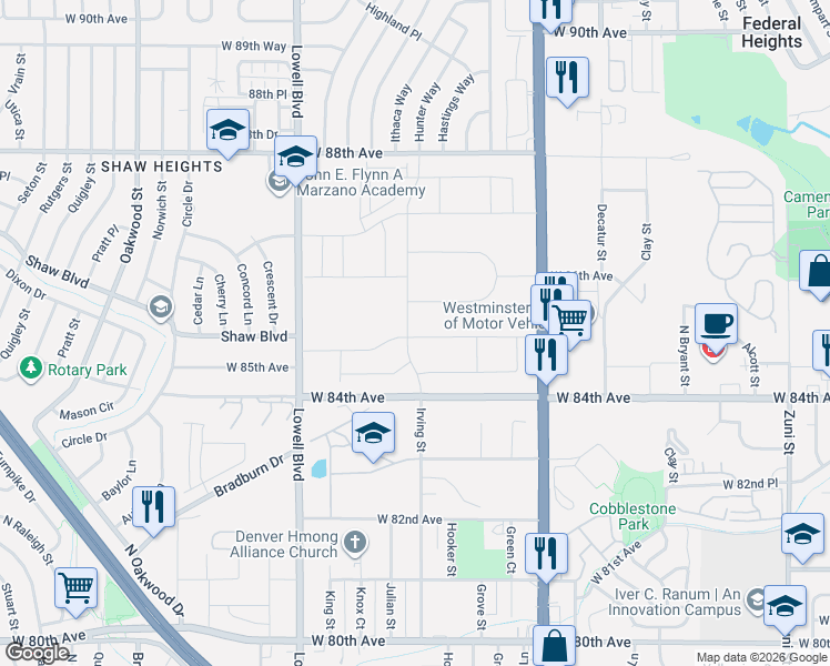 map of restaurants, bars, coffee shops, grocery stores, and more near 8671 Irving Street in Westminster