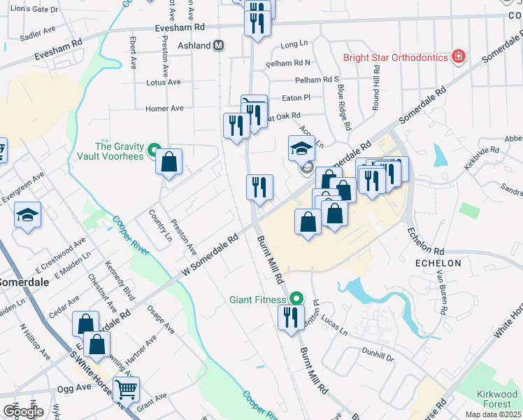map of restaurants, bars, coffee shops, grocery stores, and more near 105 Somerdale Road in Voorhees Township