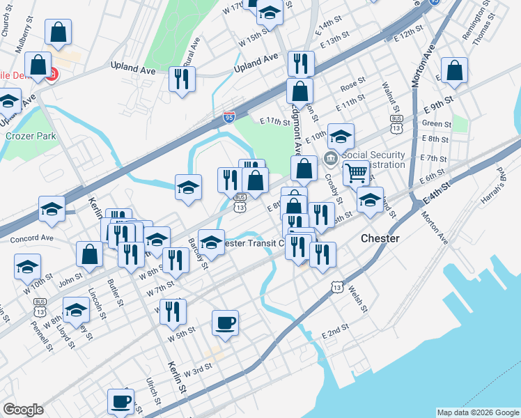 map of restaurants, bars, coffee shops, grocery stores, and more near 17 West 8th Street in Chester
