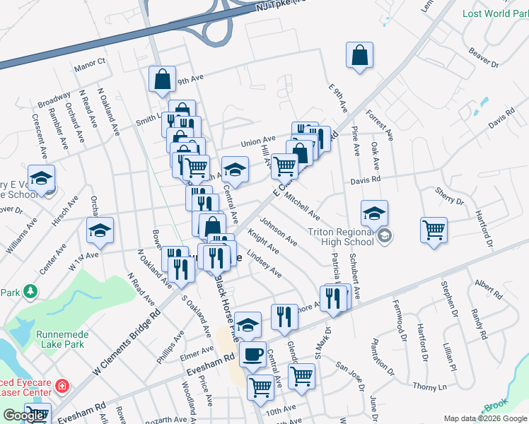 map of restaurants, bars, coffee shops, grocery stores, and more near 32 Johnson Avenue in Runnemede