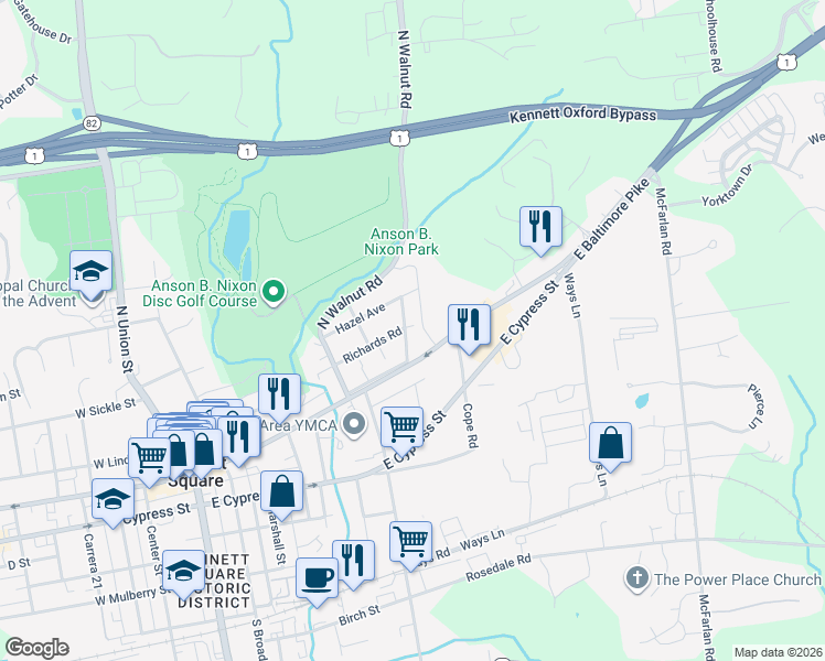 map of restaurants, bars, coffee shops, grocery stores, and more near 100 North Young Avenue in Kennett Square