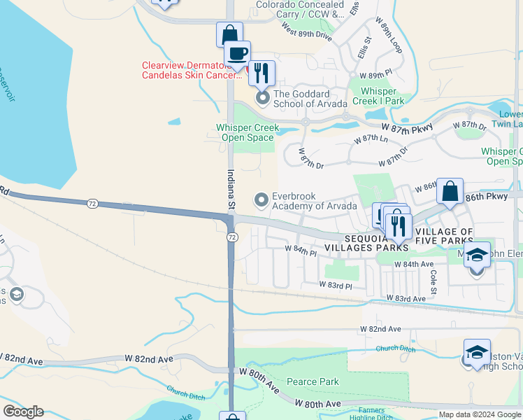 map of restaurants, bars, coffee shops, grocery stores, and more near 14659 West 86th Parkway in Arvada