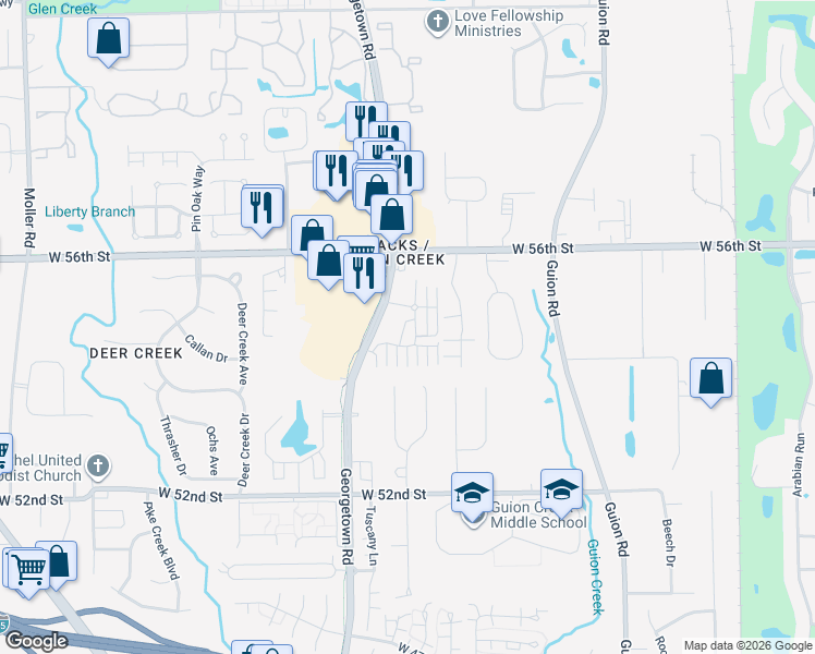 map of restaurants, bars, coffee shops, grocery stores, and more near 5462 kelvington Lane in Indianapolis