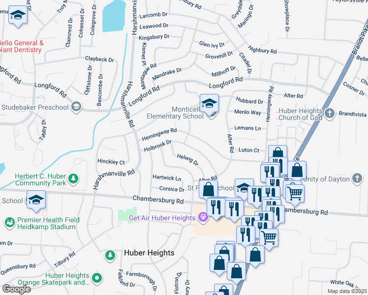 map of restaurants, bars, coffee shops, grocery stores, and more near 6300 Holbrook Drive in Dayton