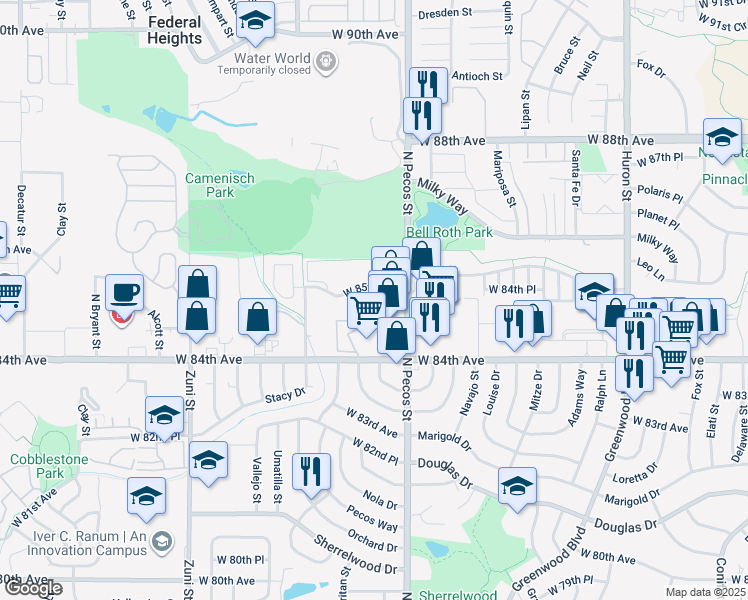 map of restaurants, bars, coffee shops, grocery stores, and more near 1722 Aspen Meadows Circle in Federal Heights