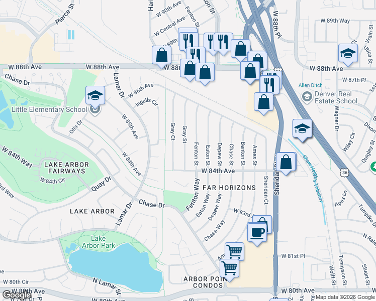map of restaurants, bars, coffee shops, grocery stores, and more near 8439 Fenton Street in Arvada