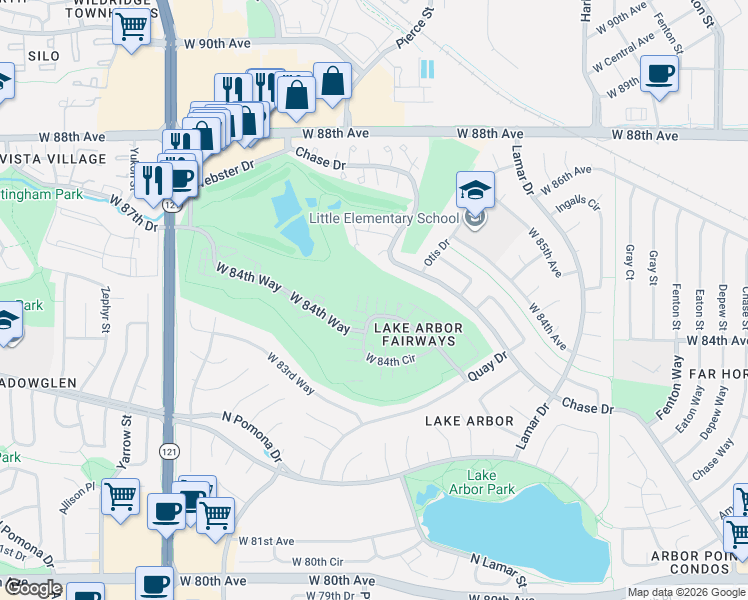 map of restaurants, bars, coffee shops, grocery stores, and more near 6875 West 84th Way in Arvada