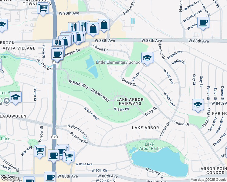 map of restaurants, bars, coffee shops, grocery stores, and more near 6875 West 84th Way in Arvada