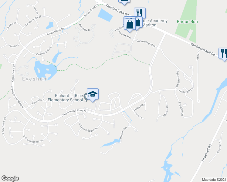 map of restaurants, bars, coffee shops, grocery stores, and more near 92 Bridgewater Drive in Evesham
