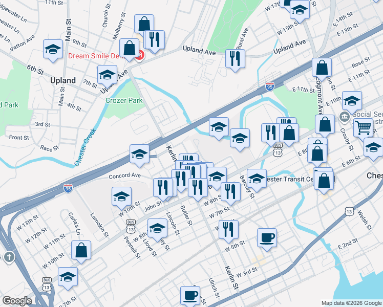 map of restaurants, bars, coffee shops, grocery stores, and more near 1036 Parker Street in Chester