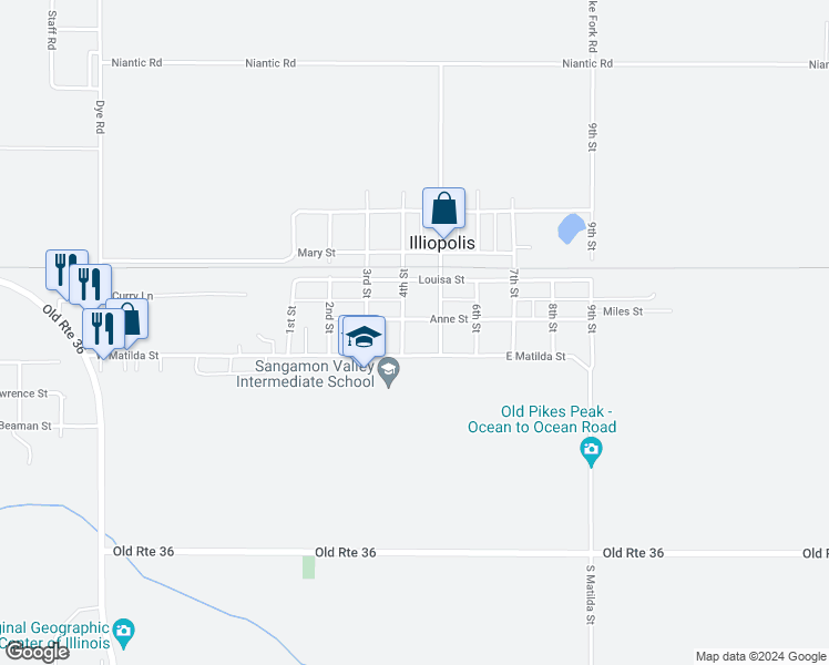 map of restaurants, bars, coffee shops, grocery stores, and more near 400-498 Matilda Street in Illiopolis