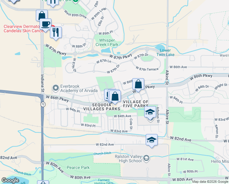 map of restaurants, bars, coffee shops, grocery stores, and more near 8645 Coors Street in Arvada