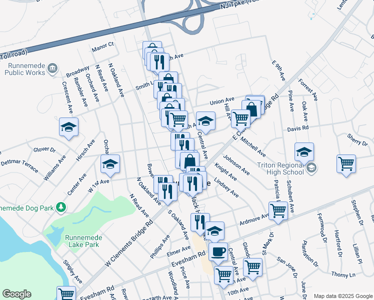map of restaurants, bars, coffee shops, grocery stores, and more near 39 East 2nd Avenue in Runnemede